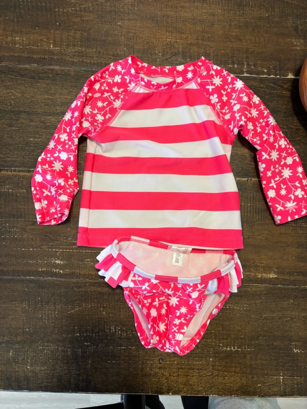 Cat & Jack Pink and White Stripe Floral Long-Sleeve Rashguard Swim Set